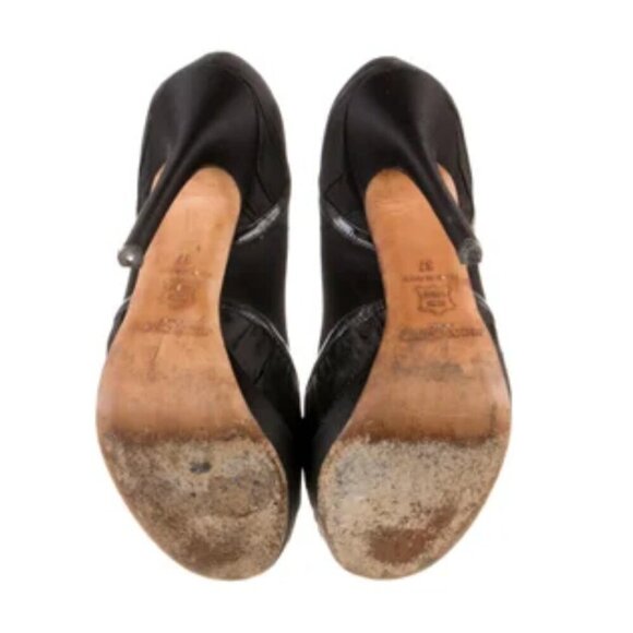 Jimmy Choo Satin Printed Pumps US 7, IT 37 Black Peep Toe - Picture 6 of 7